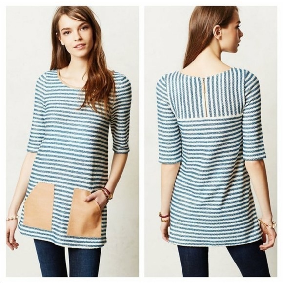 Anthopologie Postmark Striped Tunic Faux Leather Pockets Size Small - Picture 2 of 13